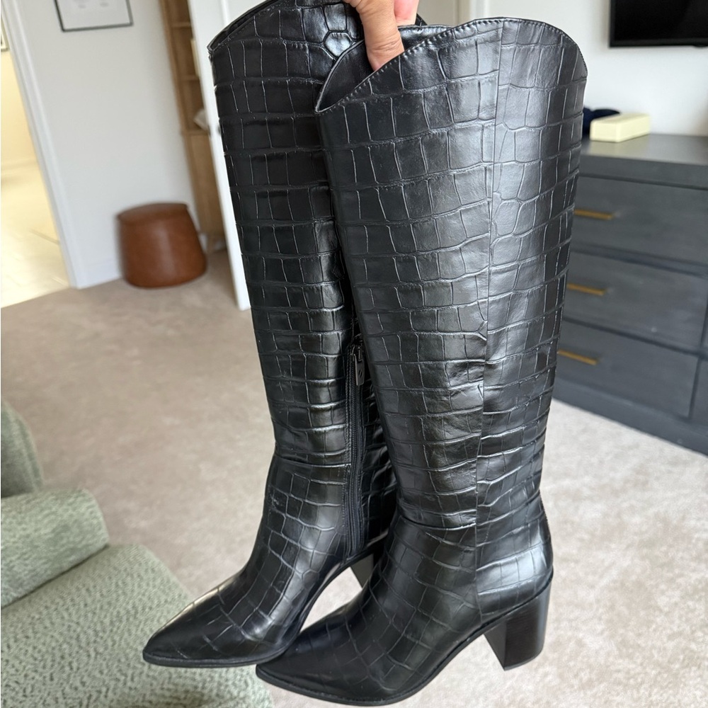 Black Croc-Embossed Knee-High Boots - Women's - Picture 7 of 7